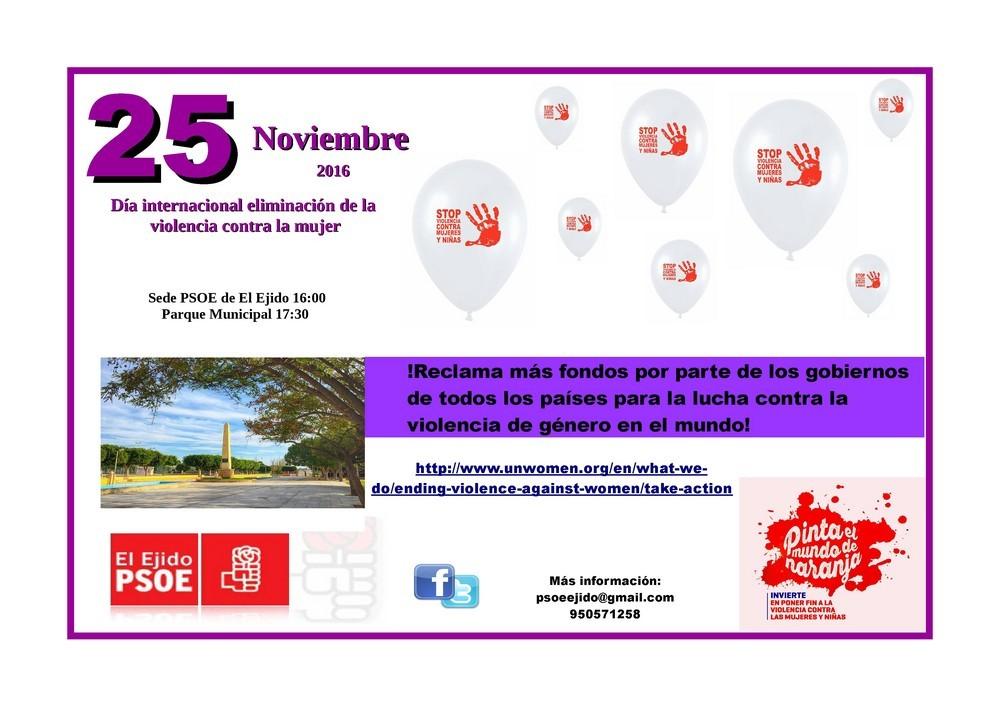 El PSOE de El Ejido se sumará el viernes a la campaña de Naciones Unidas contra la violencia de género con una suelta de globos