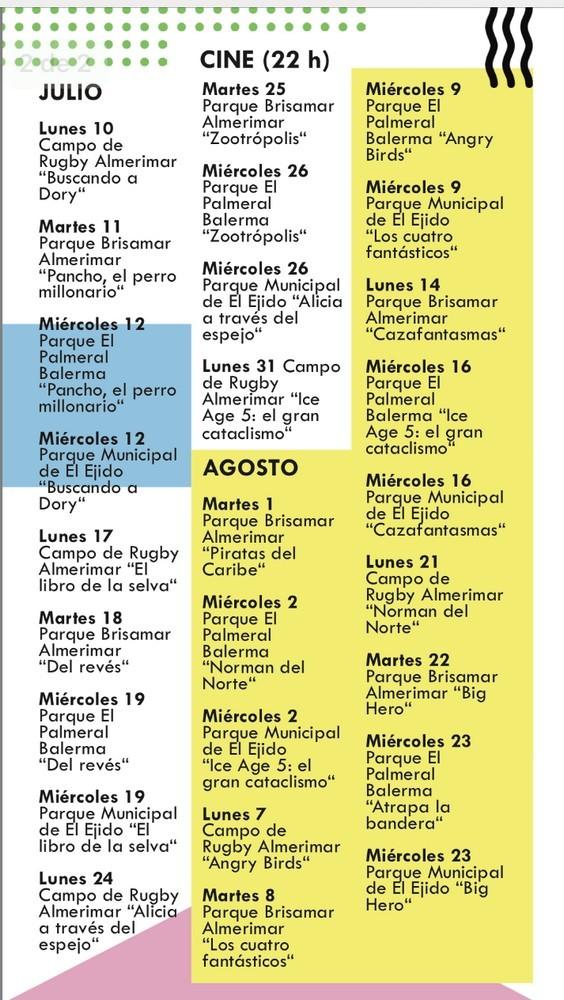 La programación de cine de verano incluye un total de 14 títulos y 27 proyecciones en Almerimar, Balerma y El Ejido