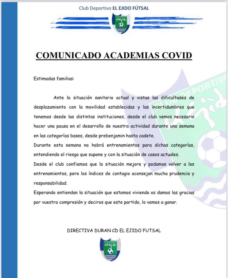Durán Ejido FS cancela los entrenamientos durante una semana de los equipos bases