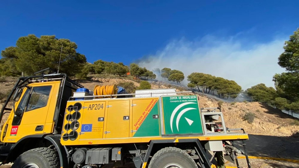 Unos 60 efectivos trabajan en un incendio en Berja que se complica por las rachas de viento