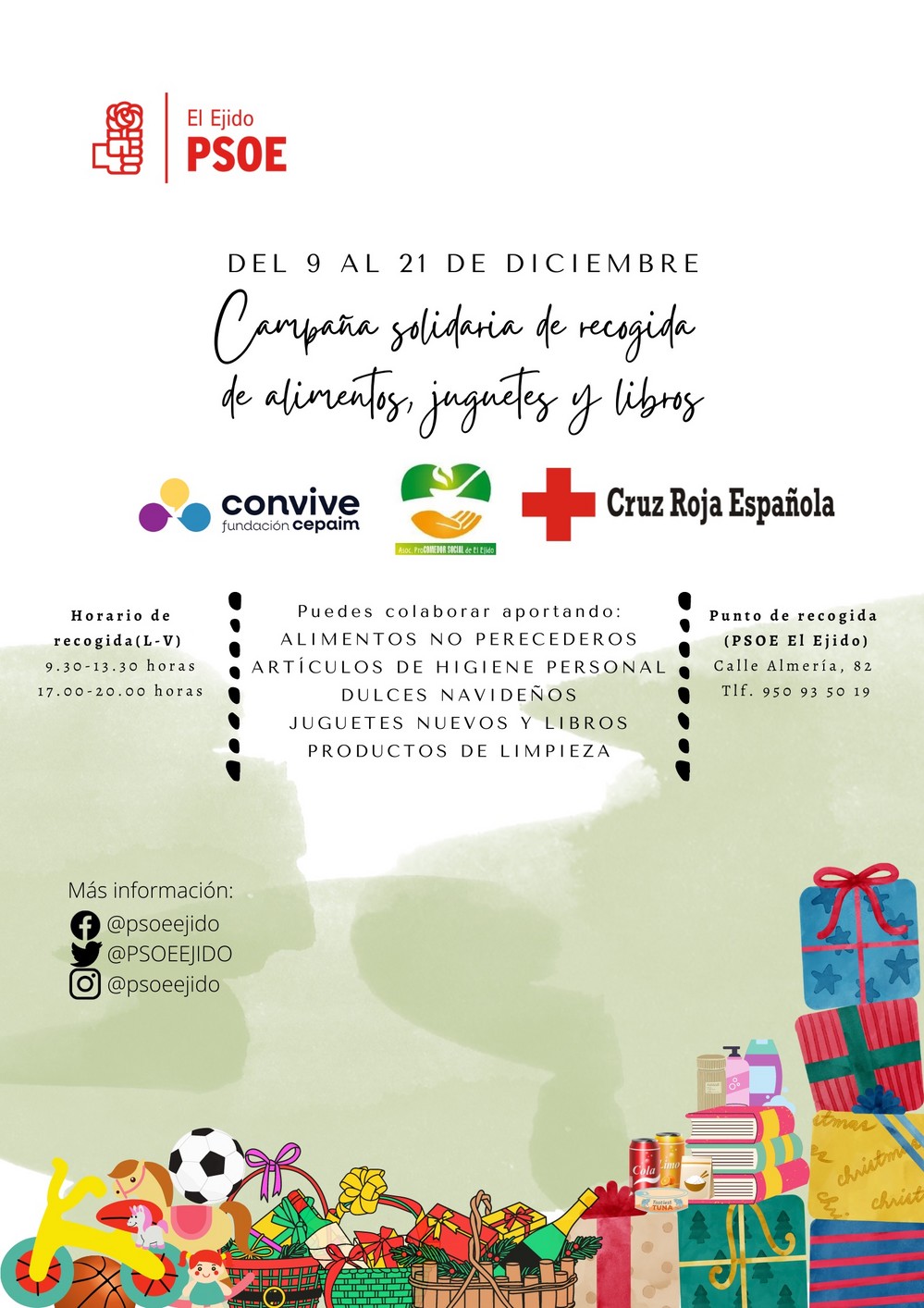 El PSOE de El Ejido organiza esta Navidad una campaña solidaria en beneficio de la Asociación Pro Comedor Social, Cruz Roja y Cepaim
