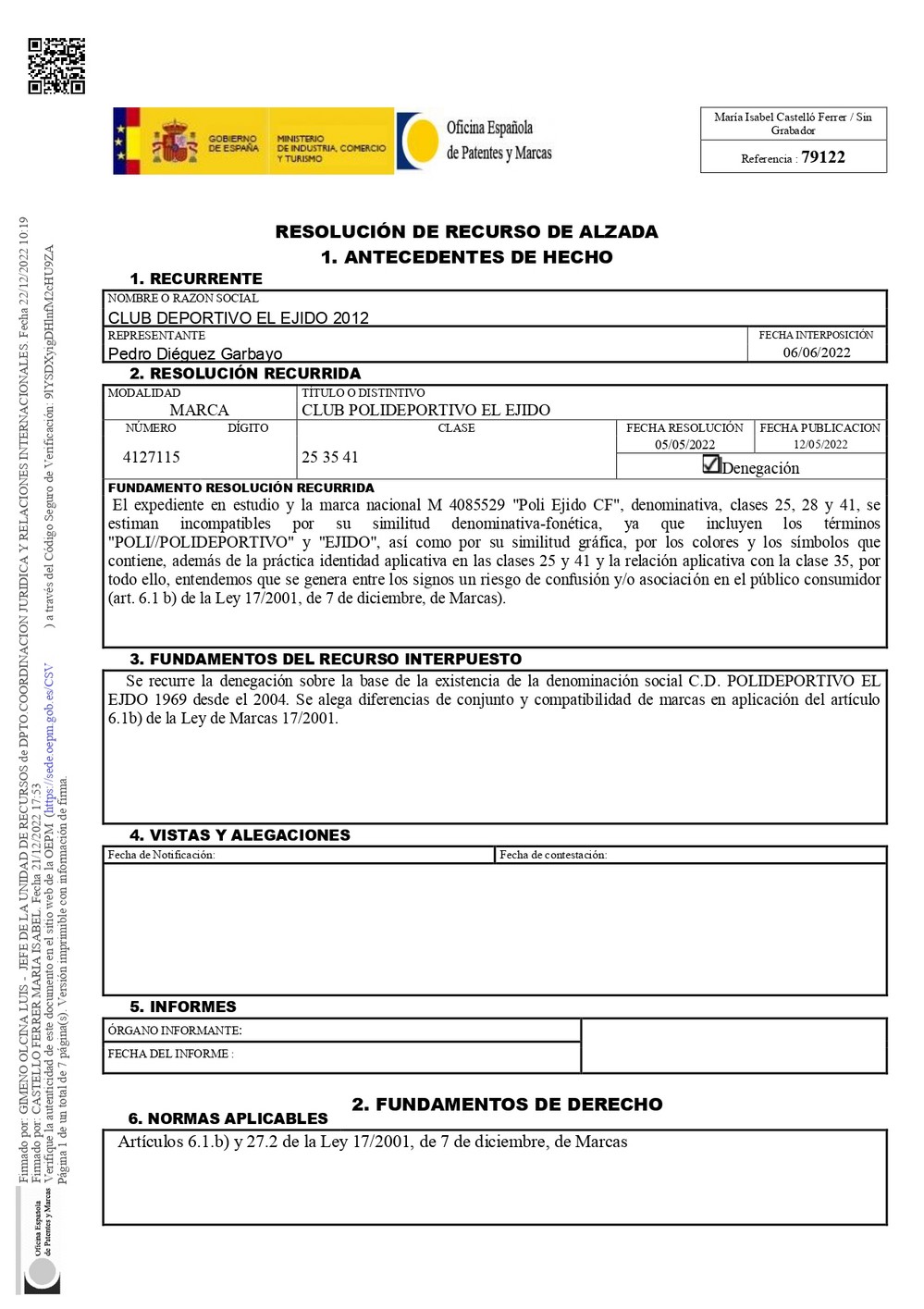 La OEPM vuelve a dar la razón al Poli Ejido CF y obliga a Bouza a cambiar su marca