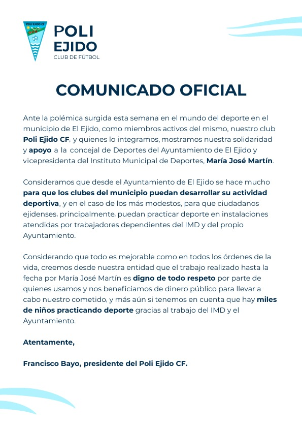 El Poli Ejido CF se suma a la cadena de solidaridad hacia la concejalía de Deportes y María José Martín