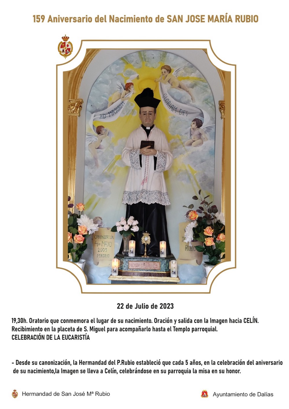 La Hermandad de san José María Rubio conmemora este sábado el nacimiento del santo