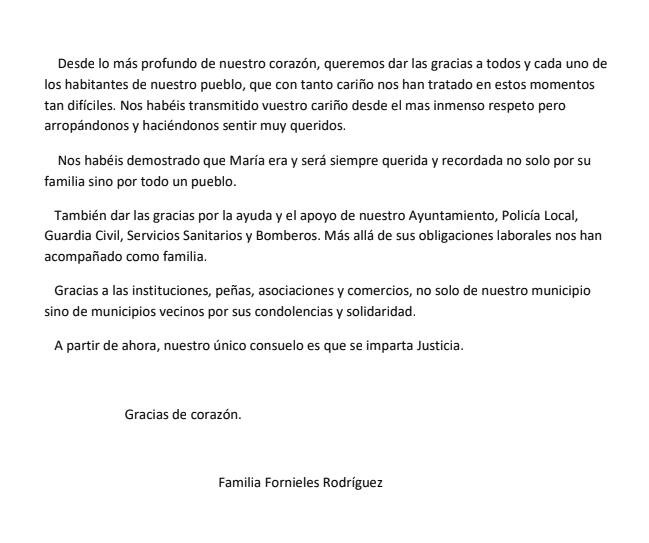La familia Fornieles Rodríguez lanza un comunicado agradeciendo el apoyo tras la muerte de María