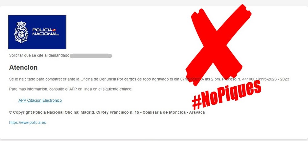 Detectada una campaña de distribución de malware en la que se suplanta la identidad de la Policía Nacional