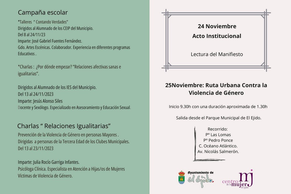 Campaña escolar, charlas, ruta urbana y lectura de manifiesto para conmemorar el 25N en El Ejido