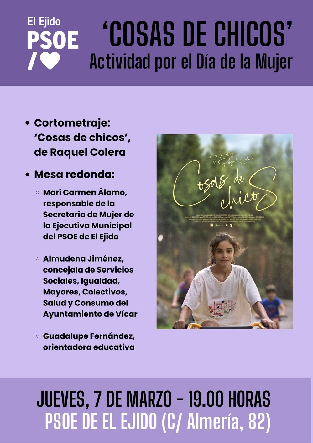 Los socialistas de El Ejido conmemoran el Día de la Mujer con el corto ‘Cosas de chicos’