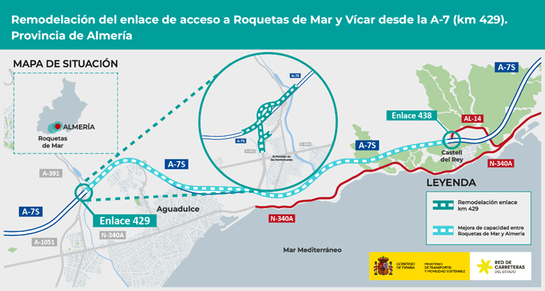 Transportes aprueba los proyectos de remodelación del enlace de la A-7 de acceso a Roquetas de Mar, con una inversión de 54 millones de euros