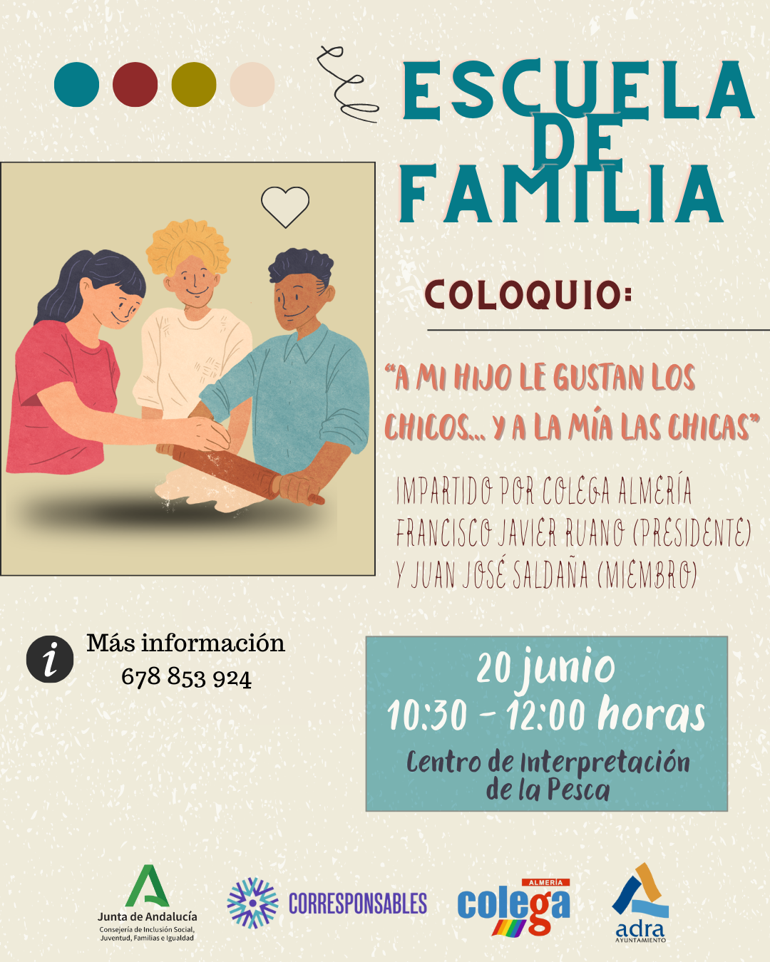 La Escuela de Familia de Adra celebra el coloquio 'A mi hijo le gustan los chicos... y a la mía las chicas' el 20 de junio