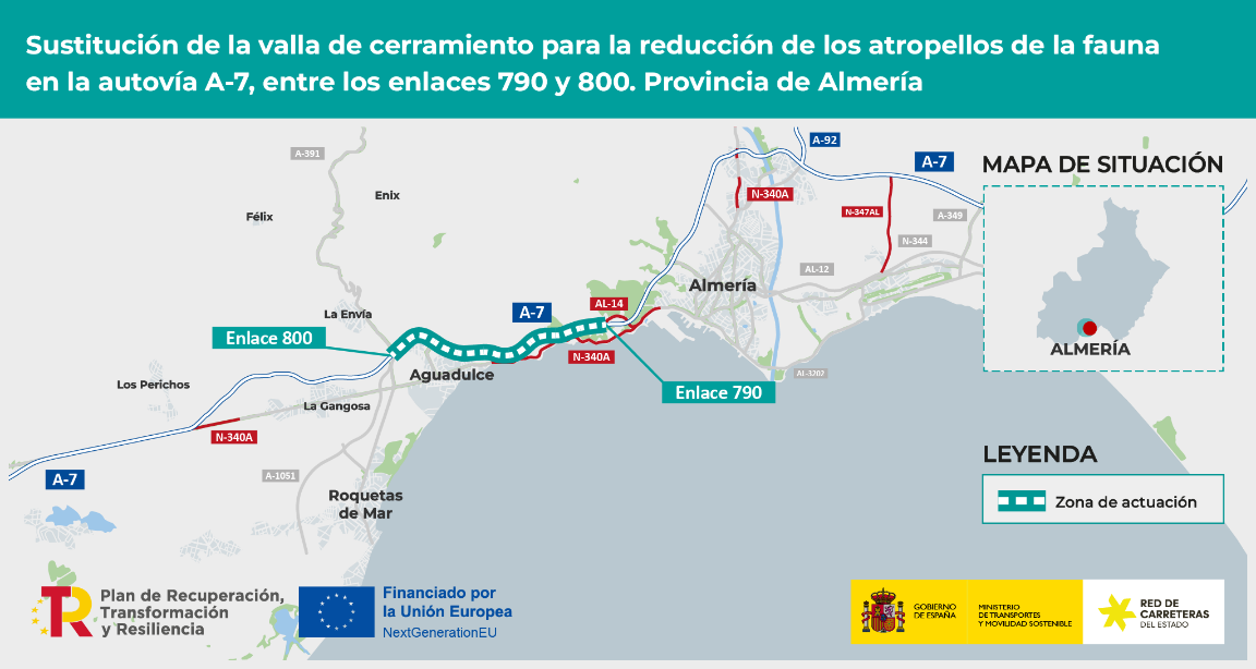 Transportes licita por 601.676 euros la sustitución de la valla de cerramiento para evitar atropellos de fauna en la A-7 a su paso por Almería, Enix y Roquetas de Mar