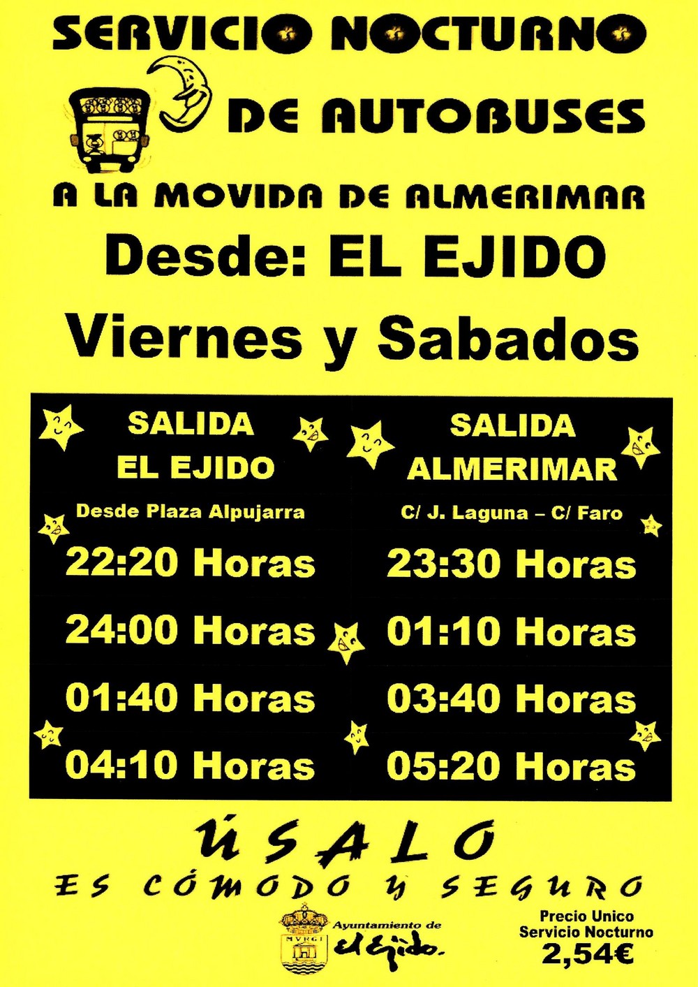 El Ejido mantiene activo el servicio especial de autobuses hacia la zona de ocio nocturno y a las playas durante julio y agosto