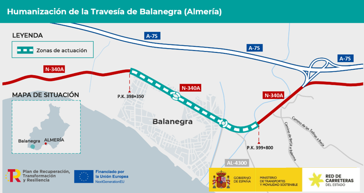 Afectaciones al tráfico en la carretera N-340A por las obras para adaptar a peatones y bicis la travesía de Balanegra