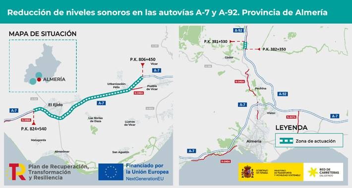 Transportes licita por 14,12 millones de euros las obras para reducir el ruido de las A-7 y A-92 a su paso por El Ejido, La Mojonera, Vícar y Gádor