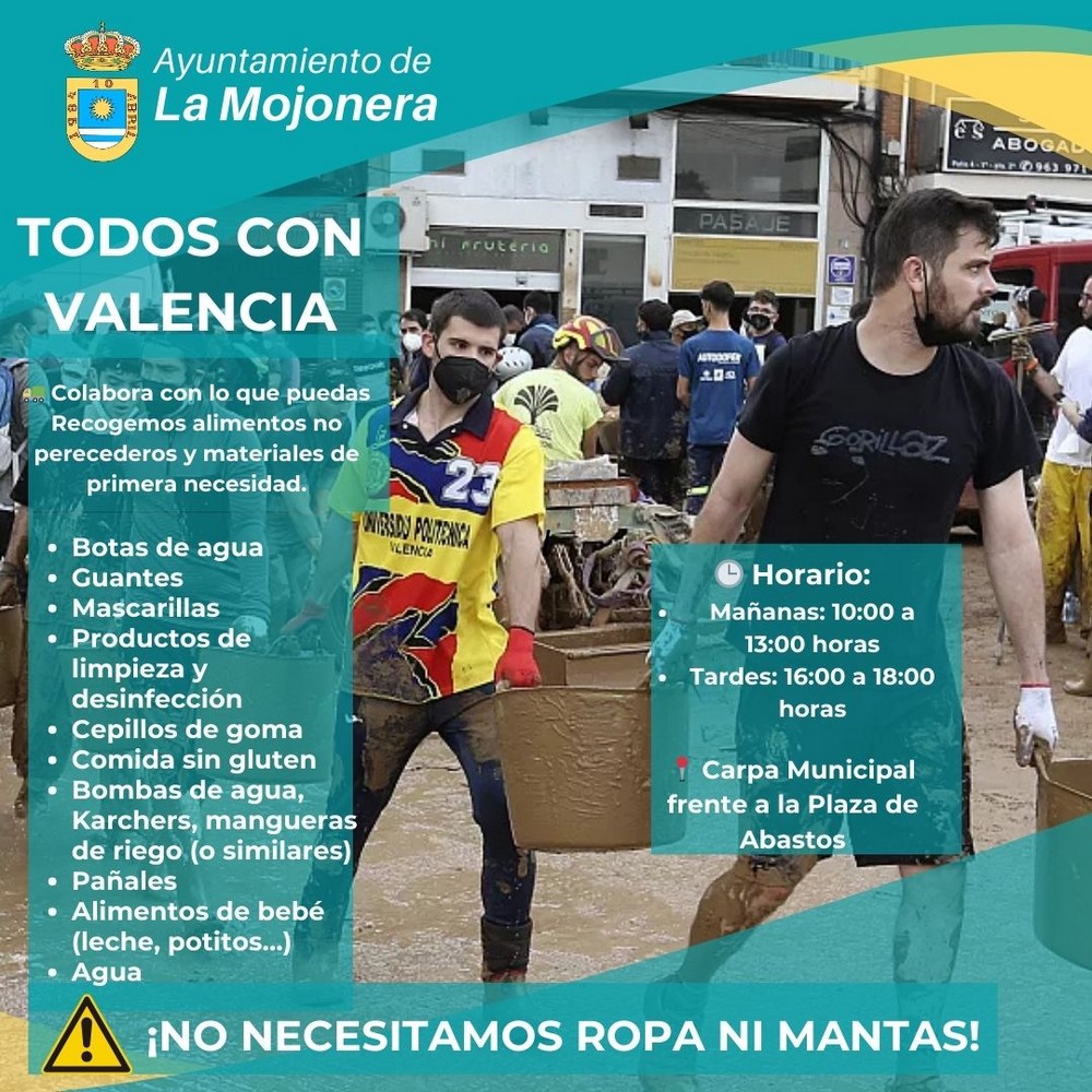 El Ayuntamiento de La Mojonera organiza una recogida solidaria de alimentos y materiales de emergencia para los afectados por la DANA en Valencia