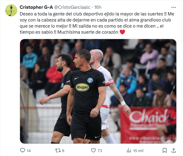 El jugador ‘estrella’ del Polideportivo El Ejido, Cristopher  García, se marcha del club