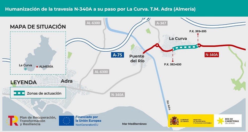 Transportes inicia las obras para adecuar al  paso de peatones y bicis la travesía de la N-340A en La Curva (Adra)