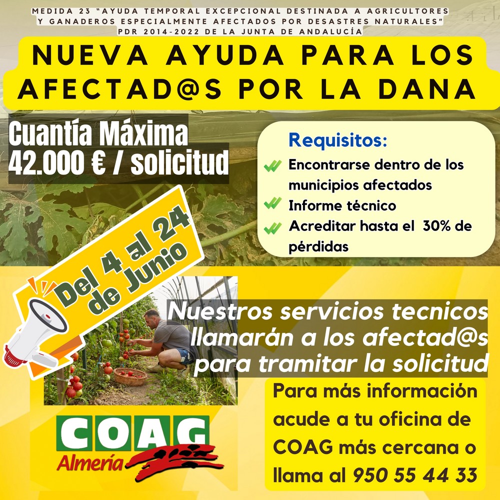 COAG-Almería informa sobre una nueva ayuda para los afectados por la DANA