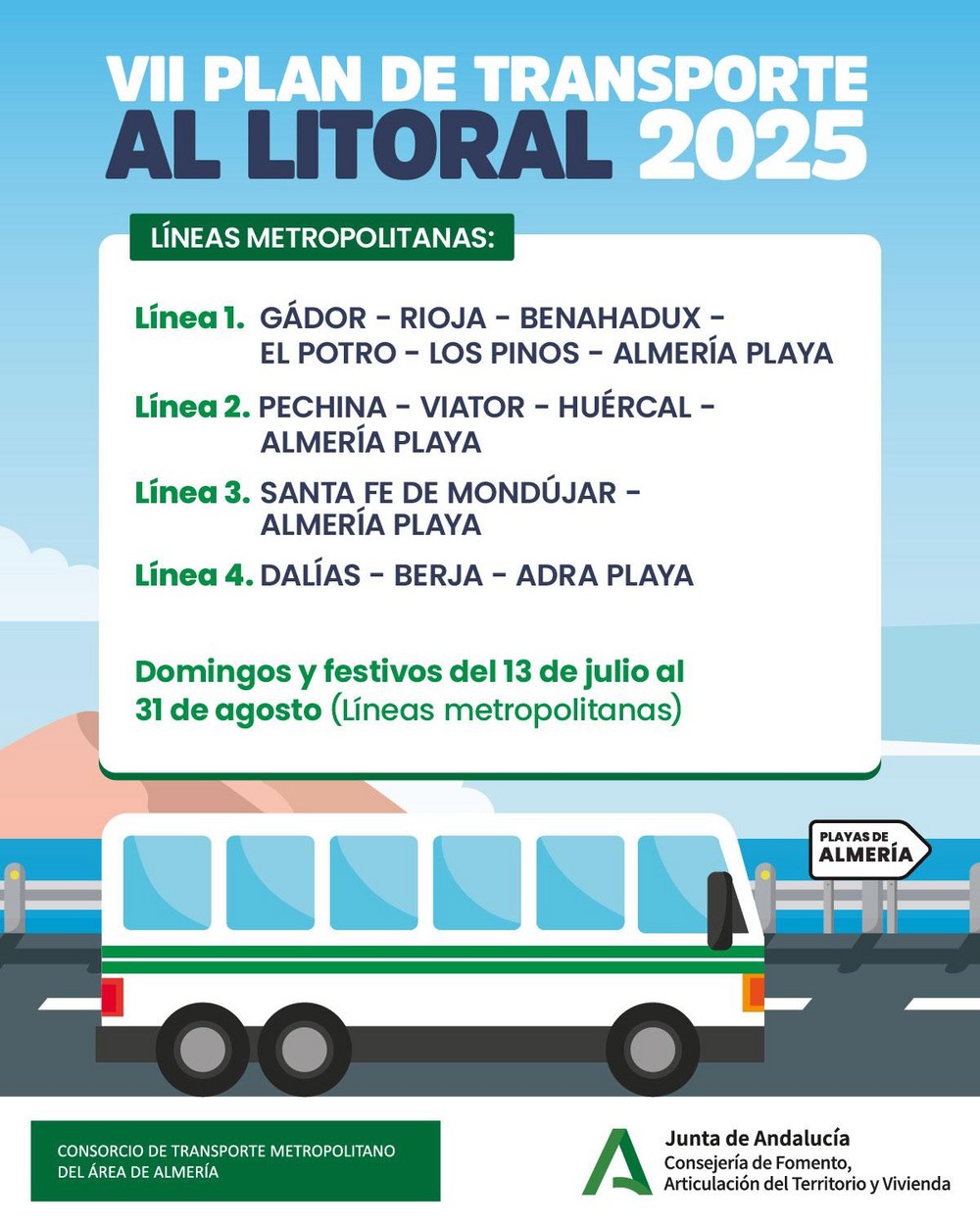 La Junta conecta por autobús los municipios del interior con las playas de Almería y Adra